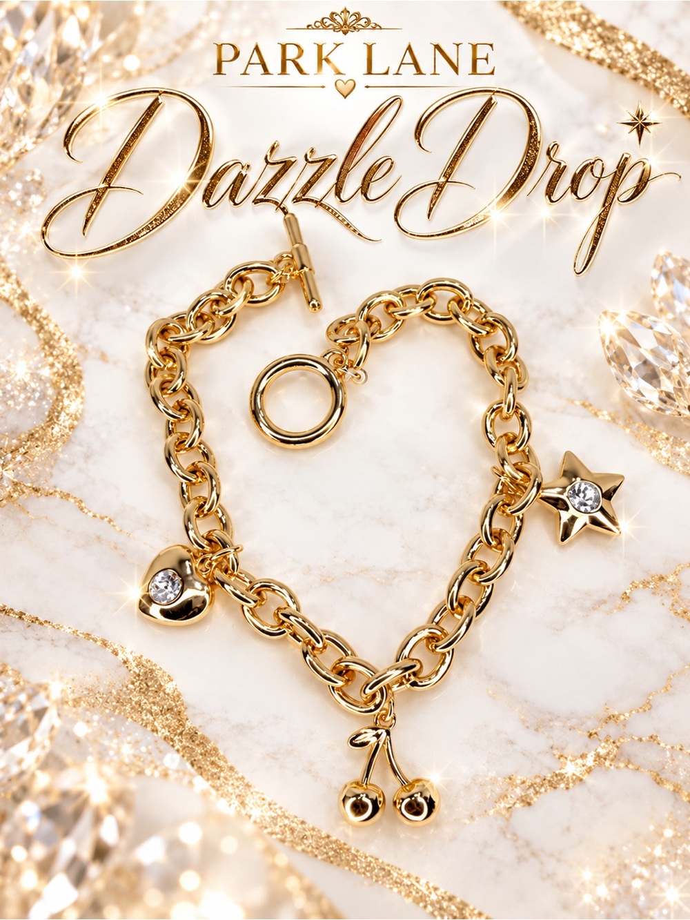 Park Lane Women’s Dazzle Drop Gold Charm Bracelet Heart Star Cherry Crystal NWT
